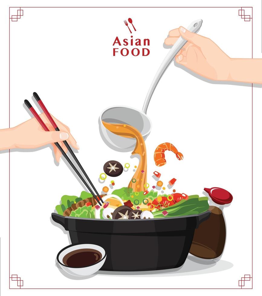 sukiyaki in hete pot bij restaurant hand met stokjes eten shabu vectorillustratie vector