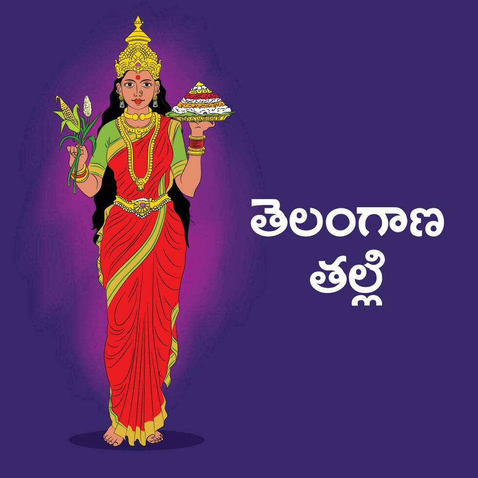 vector illustratie van telangana thalli geschreven in engels. telangana thalli is een symbolisch moeder godin voor de mensen van telangana.