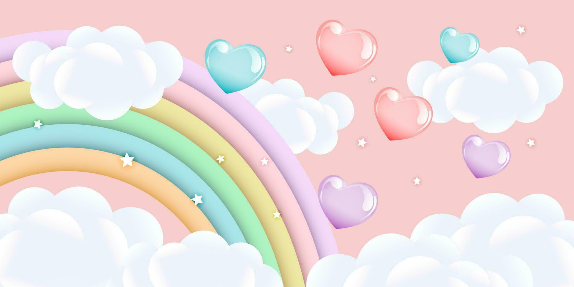 3d baby douche, regenboog met wolken en ballonnen Aan de sterrenhemel lucht, kinderachtig ontwerp in pastel kleuren. achtergrond, illustratie, vector. vector