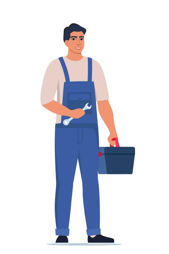 klusjesman of monteur met een gereedschapskist. Mens karakter in uniform met moersleutel in zijn hand. vector illustratie.