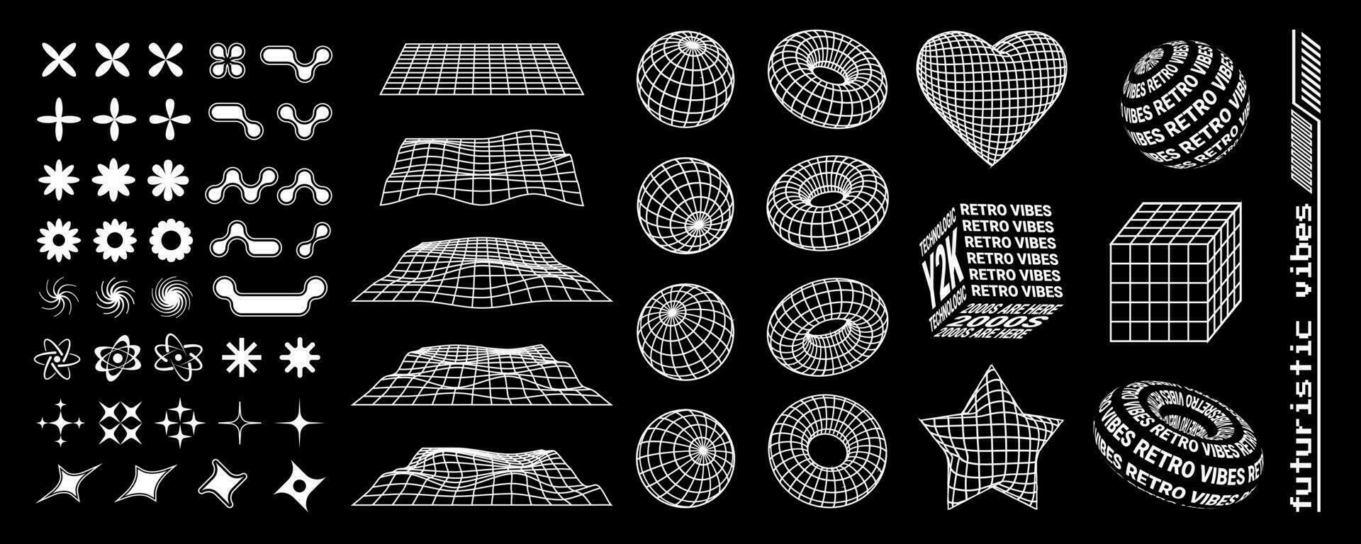 y2k modieus vormen en 3d vector meetkundig figuren, millennial symbolen, tekens en pictogrammen, groot verzameling van vormen.