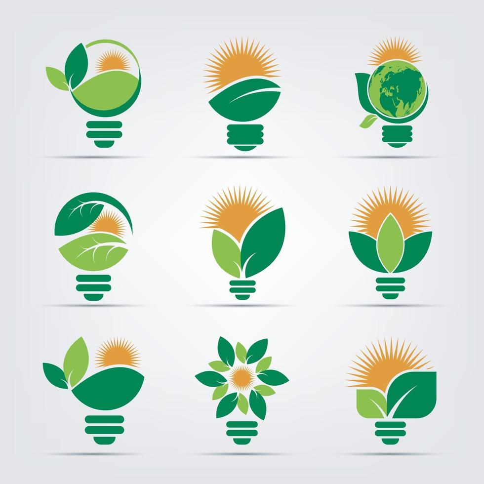 symbool ecologie lamp logo's van groen met zon en bladeren natuur element pictogram vector