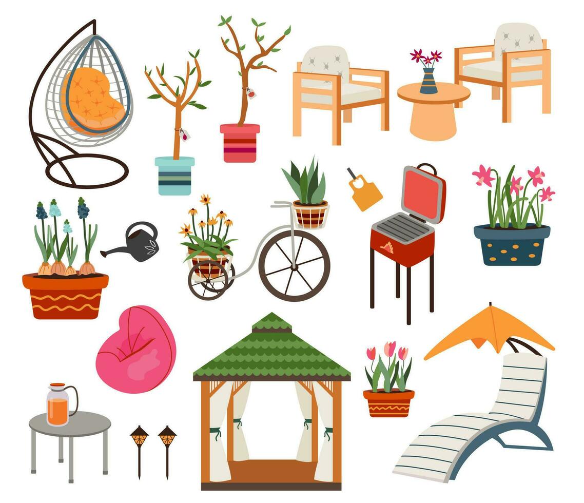 tuin meubilair. groot vector reeks van vrije tijd voorwerpen. vlak achtertuin elementen, zomer terras en patio, buitenshuis artikelen, houten tafel en stoelen, voorjaar bloemen en plantenbakken, barbecue, tuin decor.