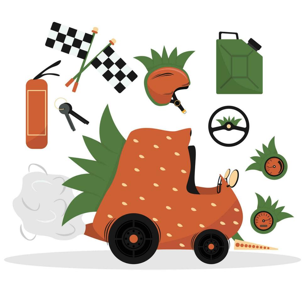 tekenfilm aardbei auto Aan wielen. aardbei vrachtauto met racing auto accessoires. vector vlak illustratie
