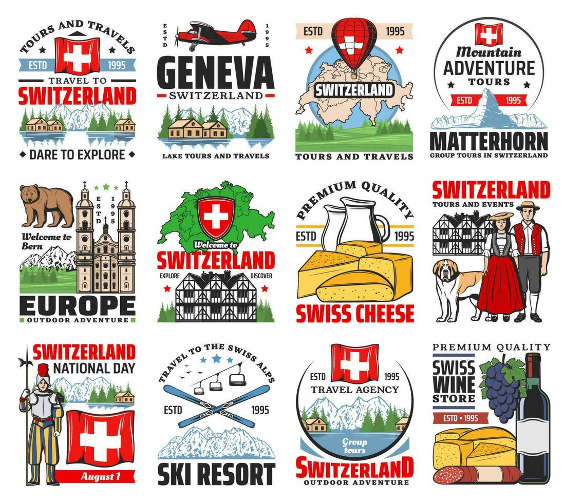 Zwitserland cultuur, reizen oriëntatiepunten retro pictogrammen vector