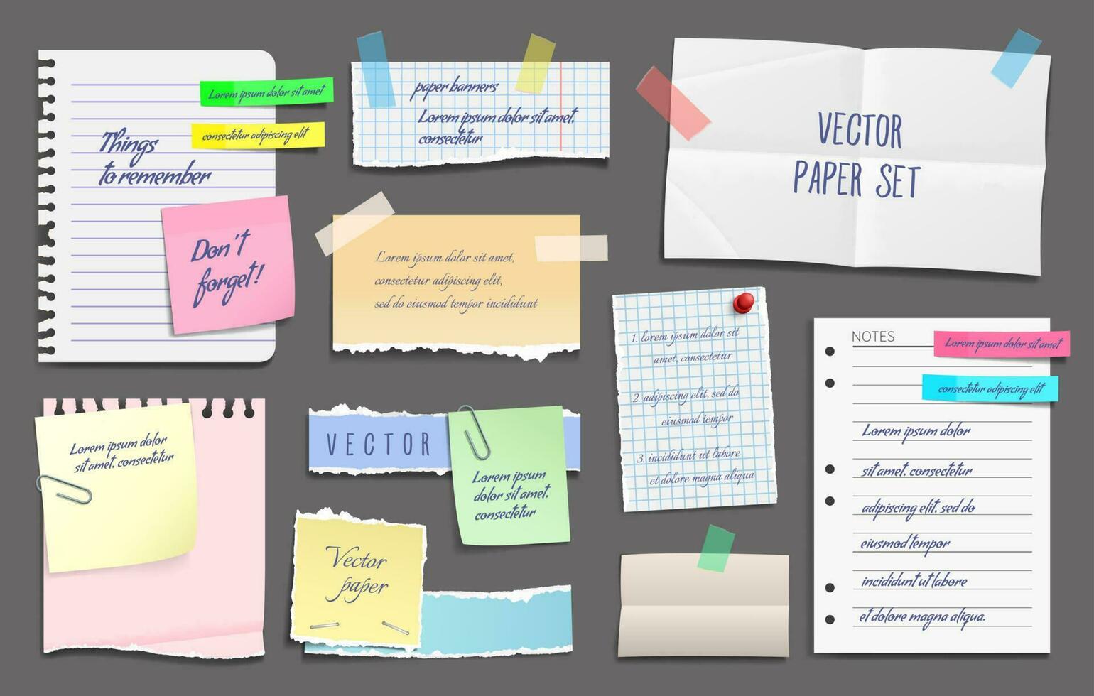 papier notities, stickers, kleverig lakens en plakband vector