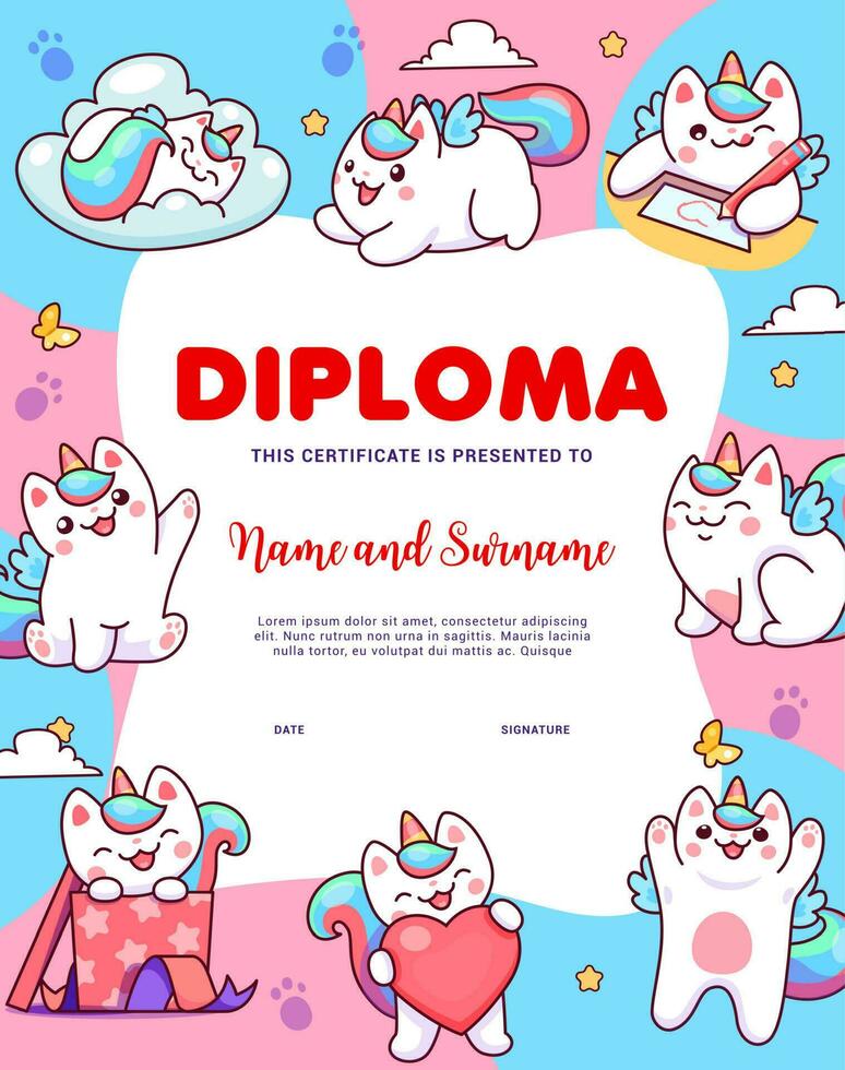 kinderen diploma, tekenfilm caticorn katten en kittens vector