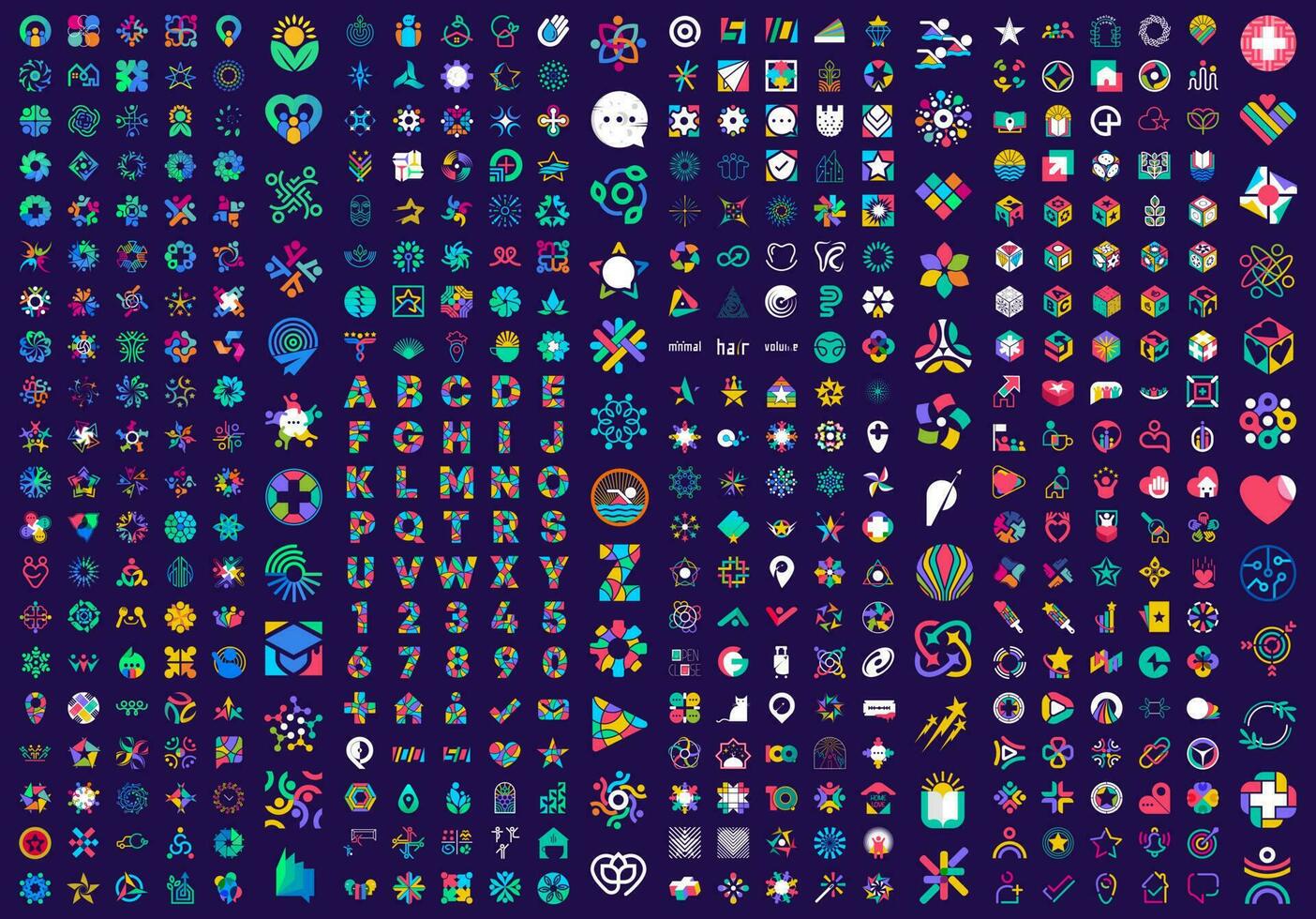 creatief mega logo set. Internationale uniek abstract meetkundig bedrijf, team, hart, ster en zo Aan icoon set, 464 in totaal. vector