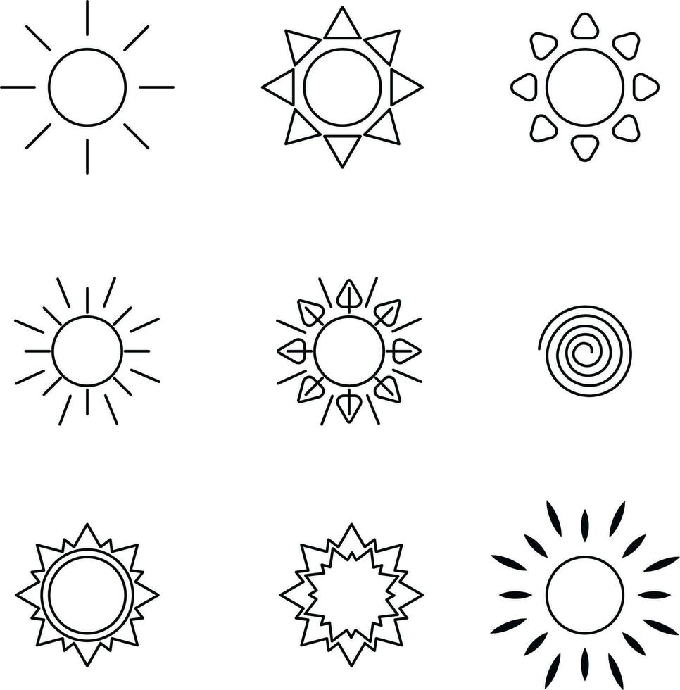 zon pictogrammen. verschillend types van zonne- pictogrammen. een reeks van gemakkelijk afbeeldingen van de zon. een reeks van zon pictogrammen met verschillend vormen en lijnen. vector