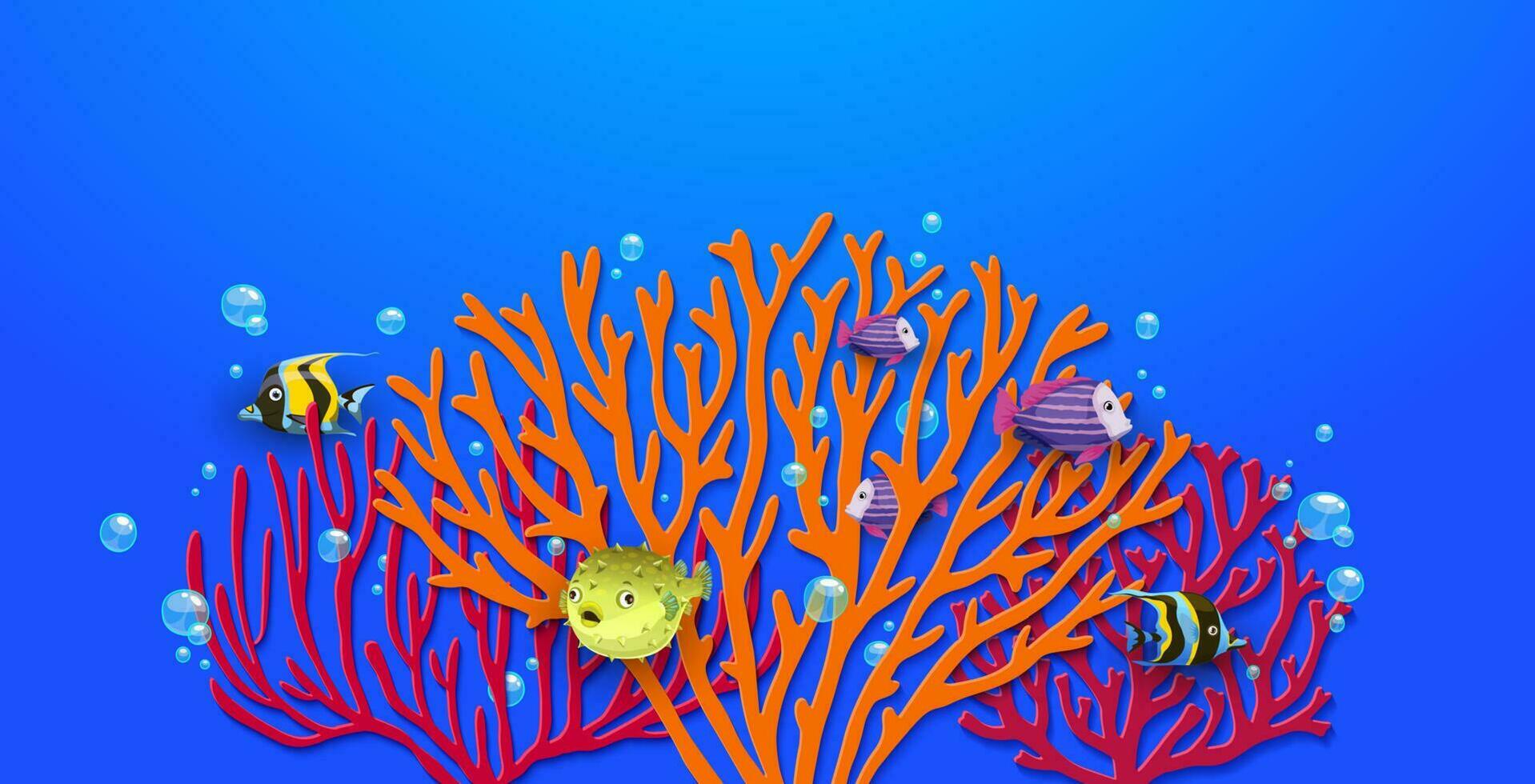 zee papier besnoeiing poster met koralen, tropisch vissen vector