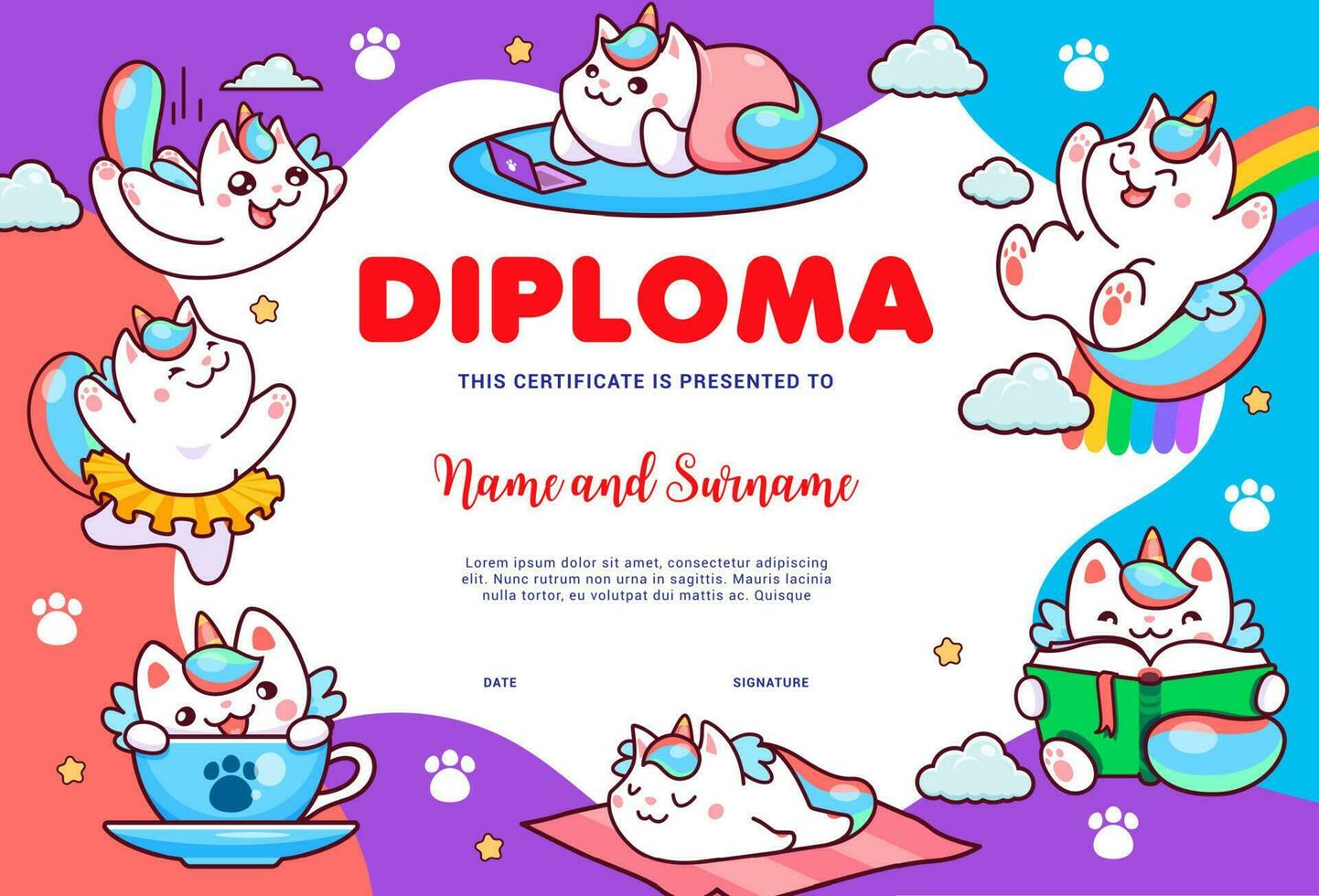 kinderen diploma met schattig tekenfilm caticorn katten vector