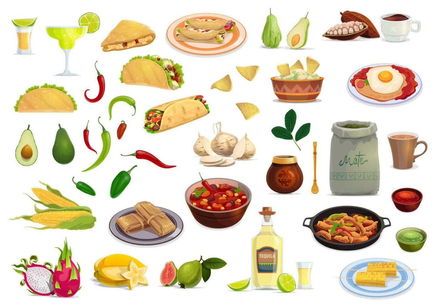 Mexicaans keuken voedsel en drinken tekenfilm reeks vector