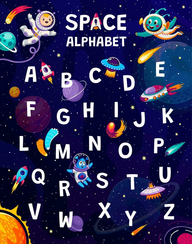 tekenfilm ruimte alfabet, abc met astronaut kinderen vector
