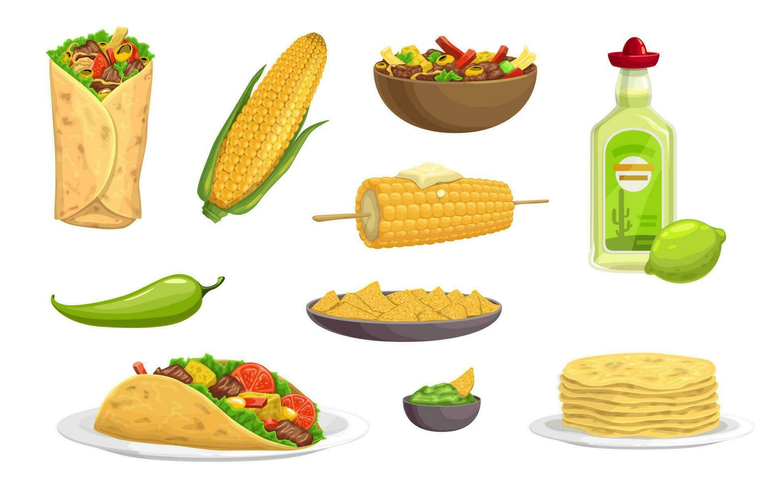 Mexicaans keuken maaltijden, tekenfilm voedsel en drinken vector