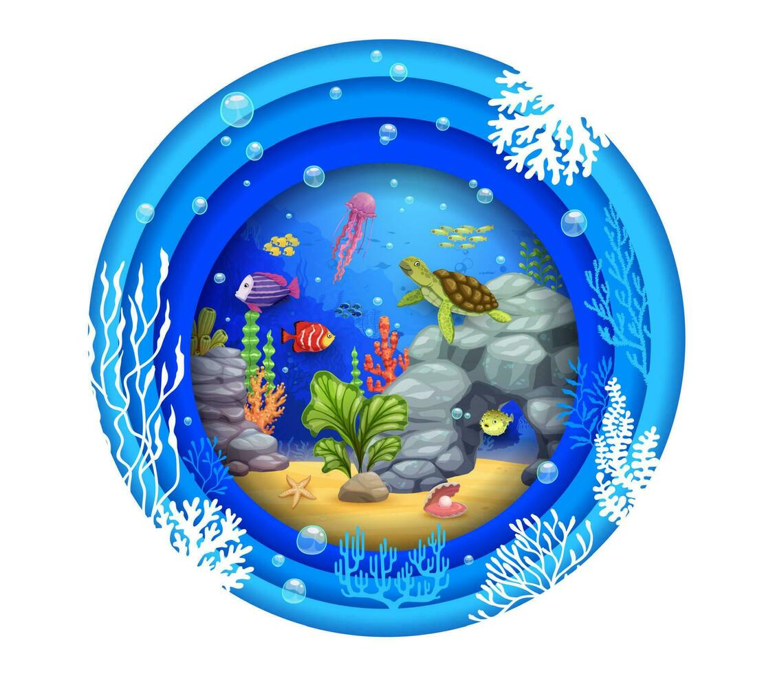 tekenfilm schildpad, vis, zeewier onderwater- papier besnoeiing vector