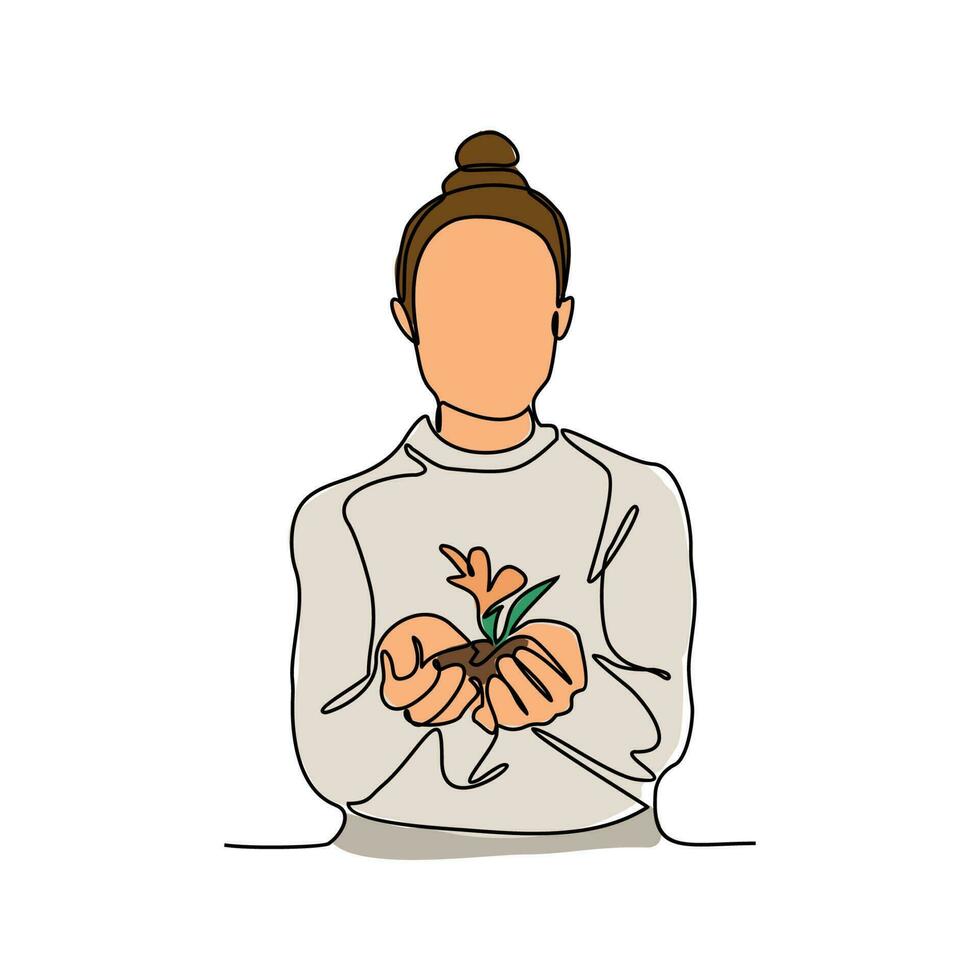 een vrouw is Holding een mooi bloem Aan een wit achtergrond in doorlopend lijn kunst tekening stijl. ontwerp met minimalistische zwart lineair ontwerp geïsoleerd Aan wit achtergrond. fabriek vector illustratie