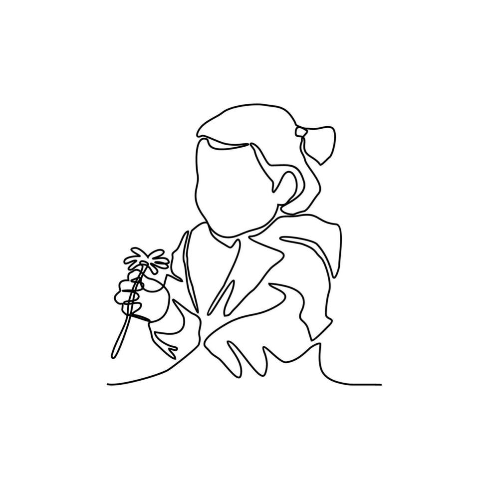 een kinderen is Holding een mooi bloem Aan een wit achtergrond in doorlopend lijn kunst tekening stijl. ontwerp met minimalistische zwart lineair ontwerp geïsoleerd Aan wit achtergrond. fabriek vector illustratie