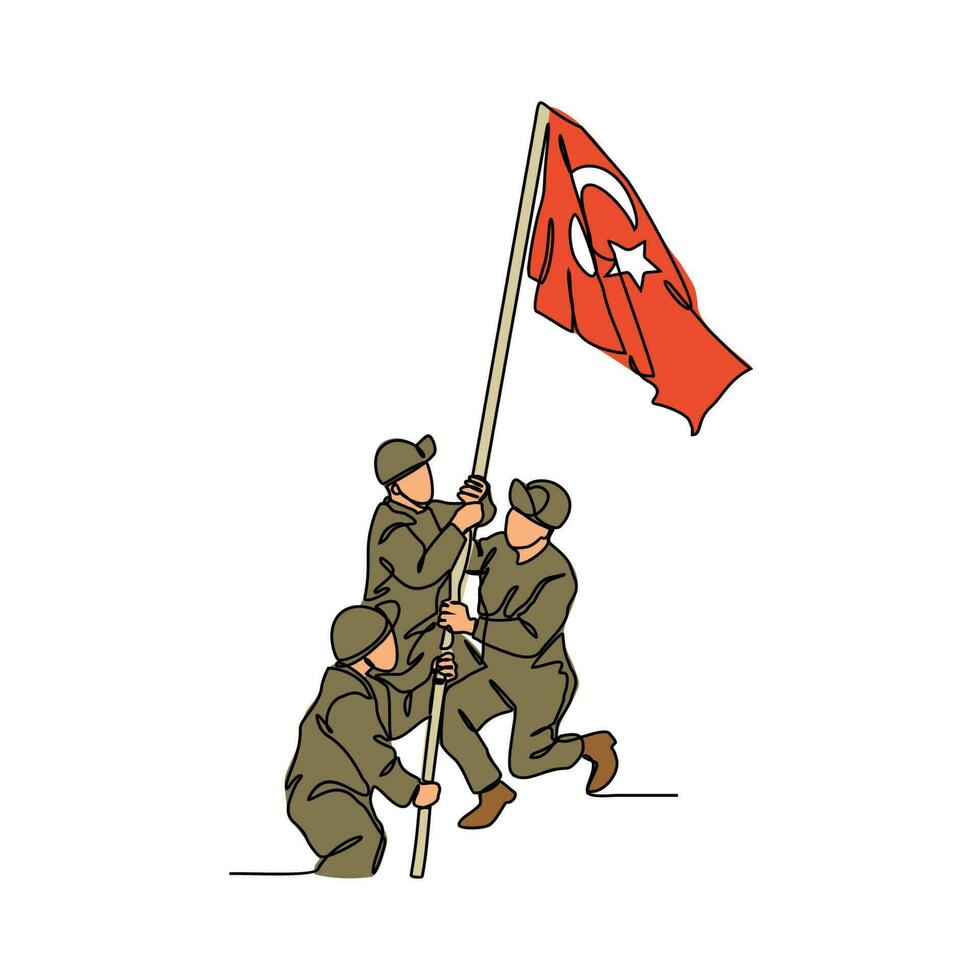 een doorlopend lijn tekening van een soldaat Holding een Turks vlag. kalkoen patriottisch in gemakkelijk lineair stijl. kalkoen patriottisch ontwerp concept vector illustratie