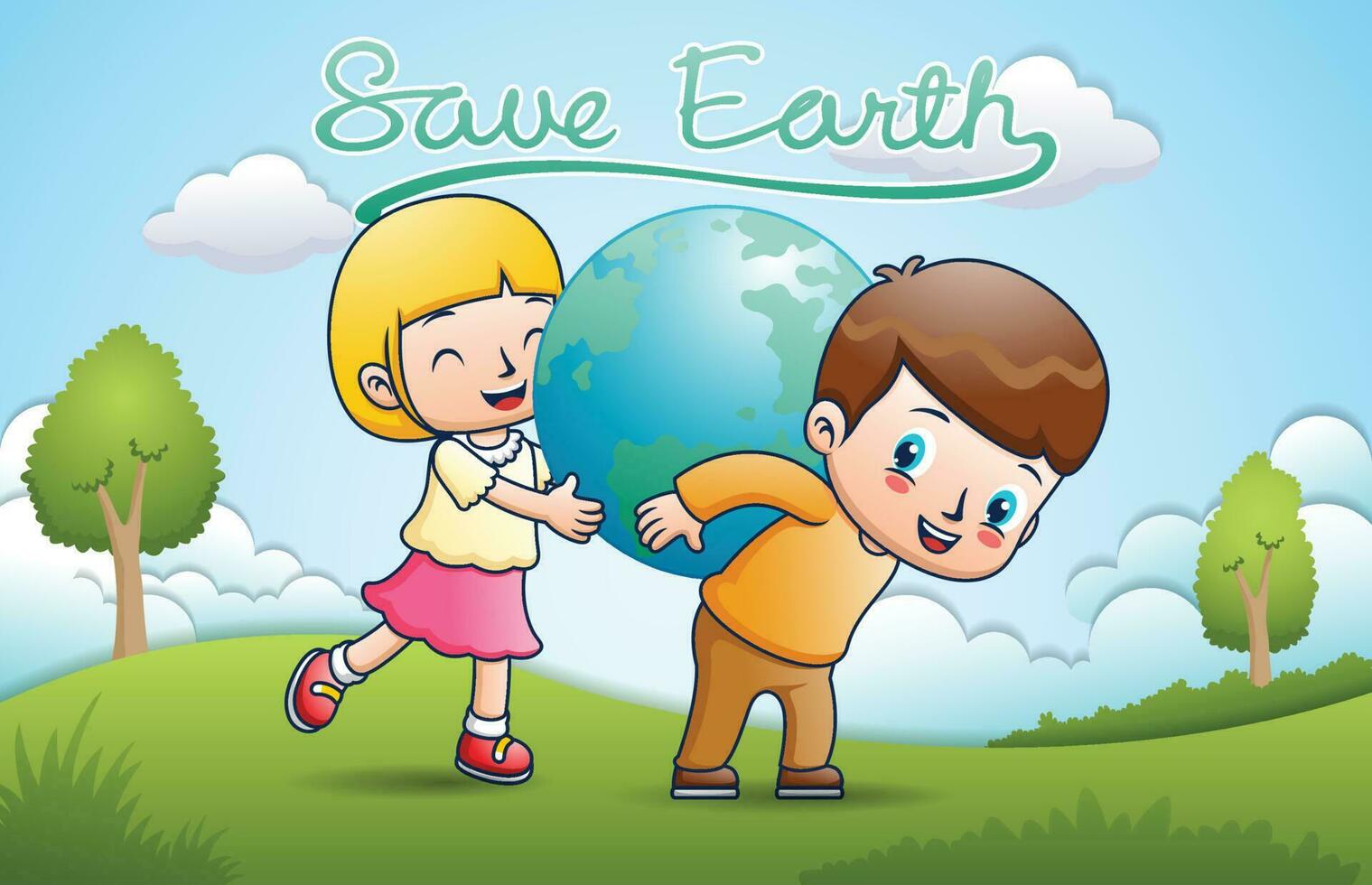 vector tekenfilm van kinderen lager wereldbol aarde Aan natuur achtergrond. kinderen aarde dag