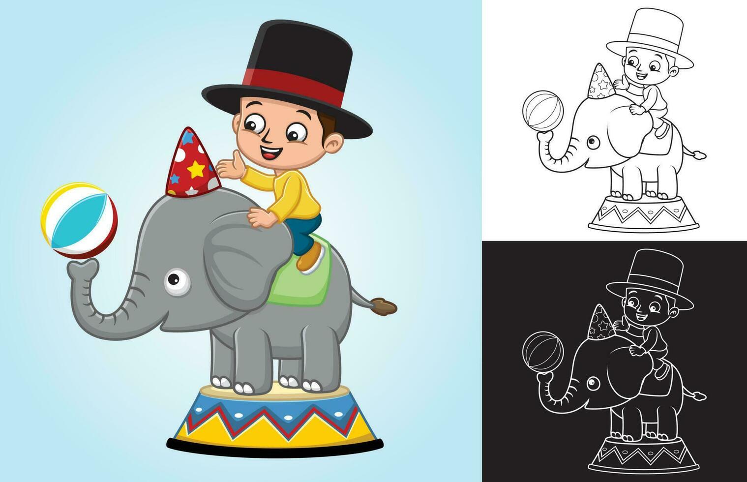 vector tekenfilm van weinig jongen rijden Aan grappig olifant in circus tonen