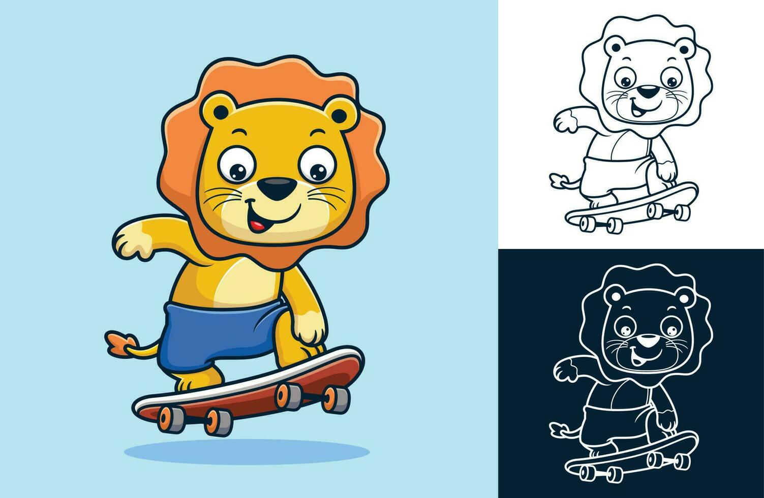 vector illustratie van tekenfilm grappig leeuw spelen skateboard
