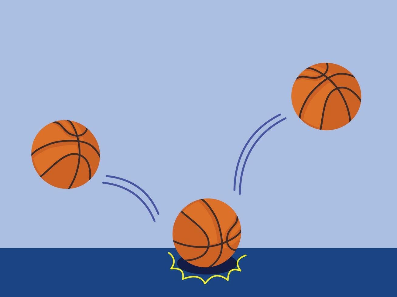 dribbelen actie stap door stap vector illustratie basketbal geïsoleerd Aan blauw horizontaal muur en verdieping achtergrond. gemakkelijk vlak sport- themed tekening.