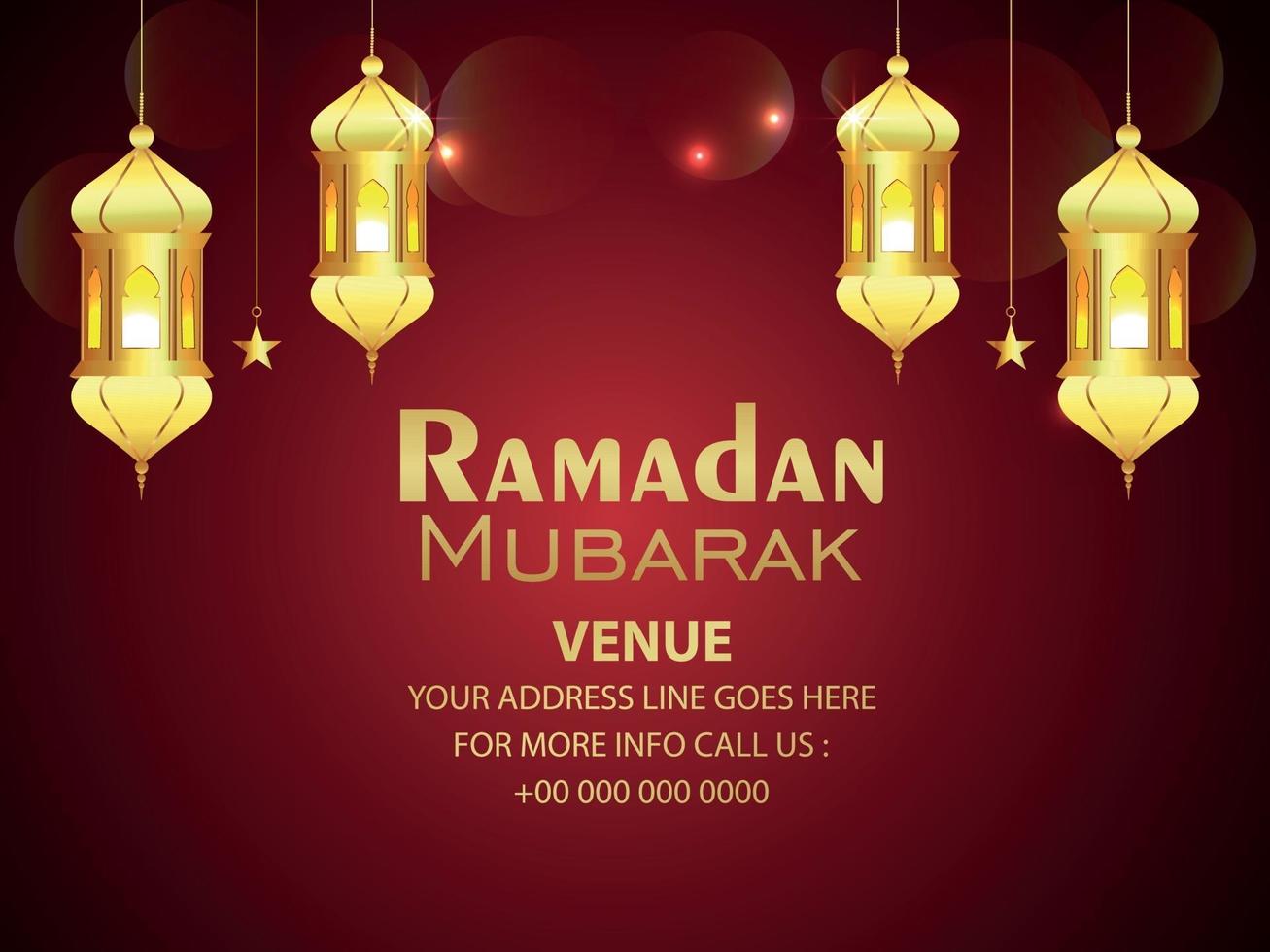 realistische vectorillustratie van ramadan kareem viering wenskaart met gouden lantaarn en achtergrond vector