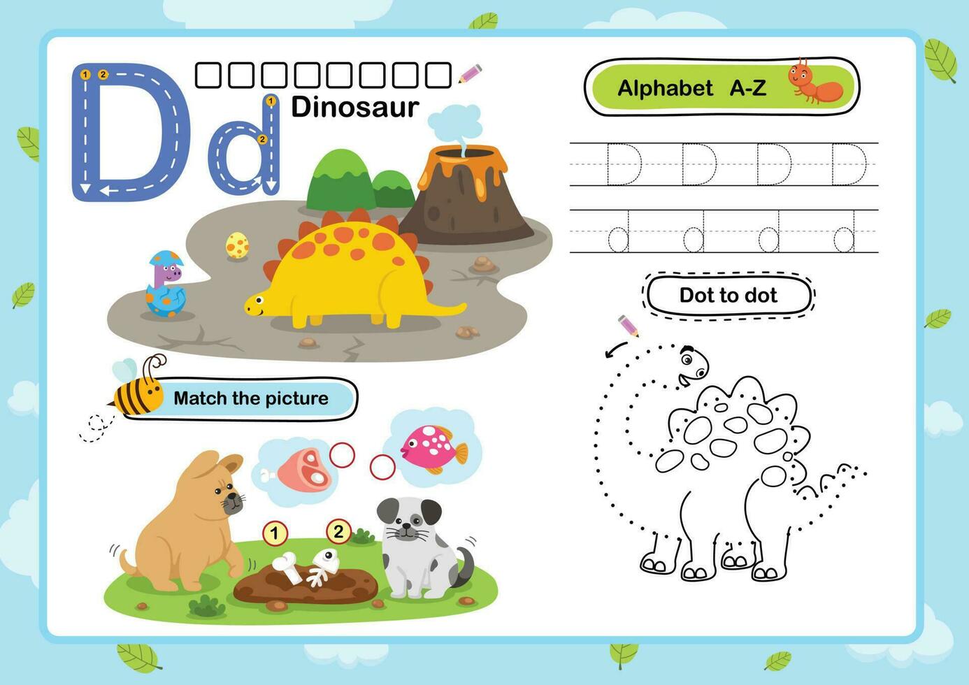 alfabet letter d-dinosaurus oefening met cartoon woordenschat illustratie, vector