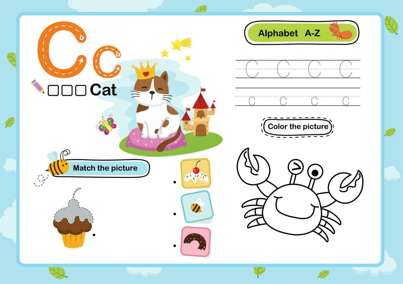alfabet letter c-cat oefening met cartoon woordenschat illustratie, vector