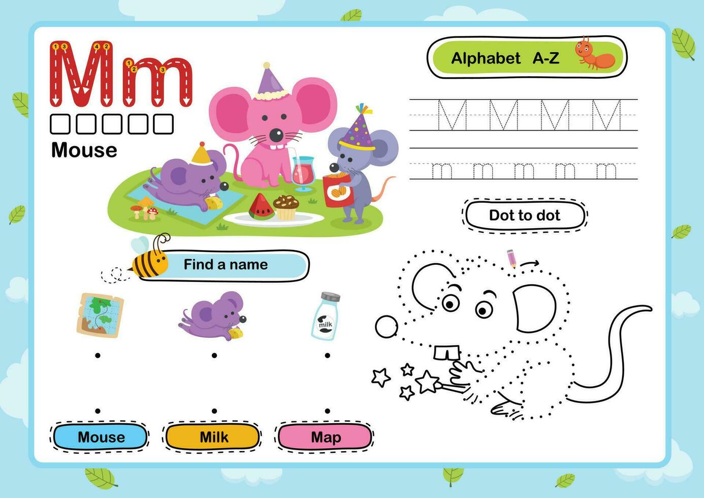 alfabet letter m-muis oefening met cartoon woordenschat illustratie, vector