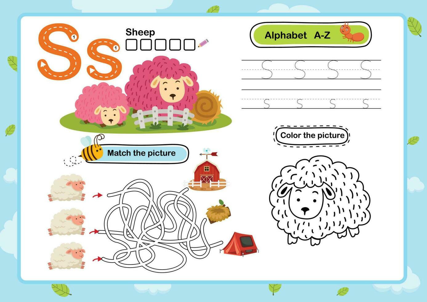 alfabet letter s-schapen oefening met cartoon woordenschat illustratie, vector