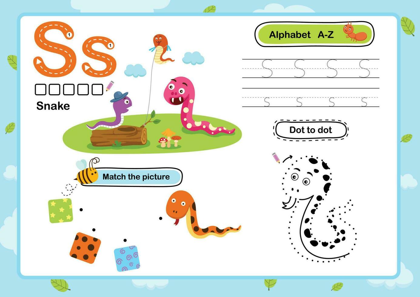 alfabet brief s-slang oefening met tekenfilm woordenschat illustratie, vector