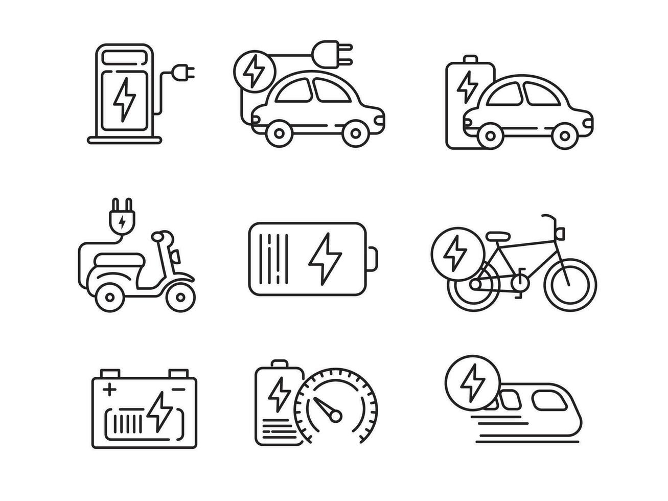 reeks van elektrisch voertuig pictogrammen met lineair stijl geïsoleerd Aan wit achtergrond vector