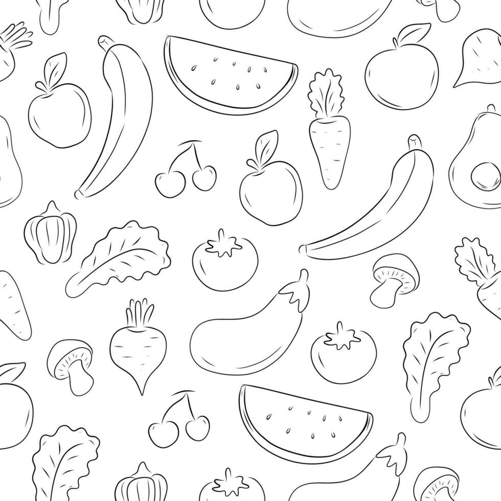 fruit en groenten naadloos tekening patroon met een zwart en wit ontwerp geschikt voor achtergrond. gezond voedingsmiddelen tekening patroon vector