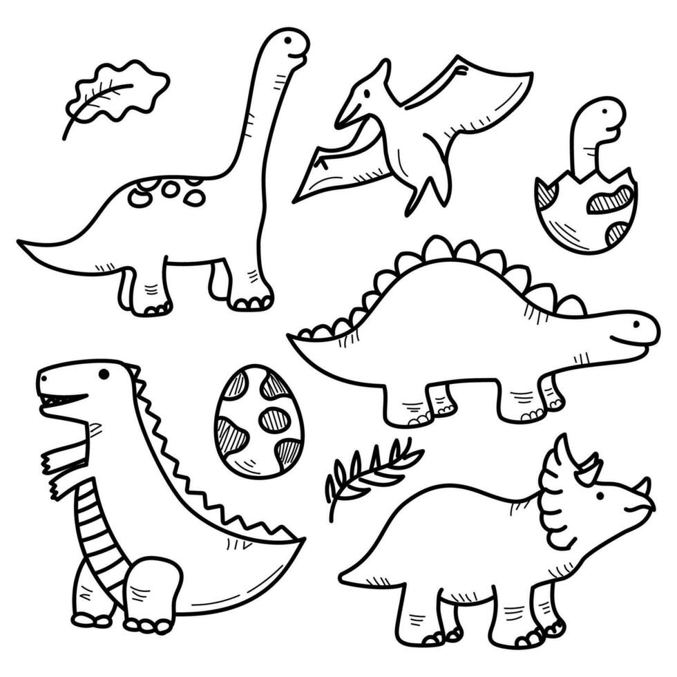 reeks van schattig dinosaurus vector illustraties met een zwart en wit ontwerp. dinosaurussen tekening illustratie