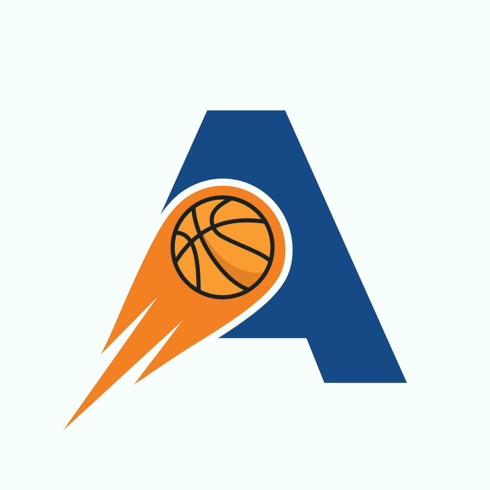 brief een basketbal logo concept met in beweging basketbal icoon. mand bal logotype symbool vector