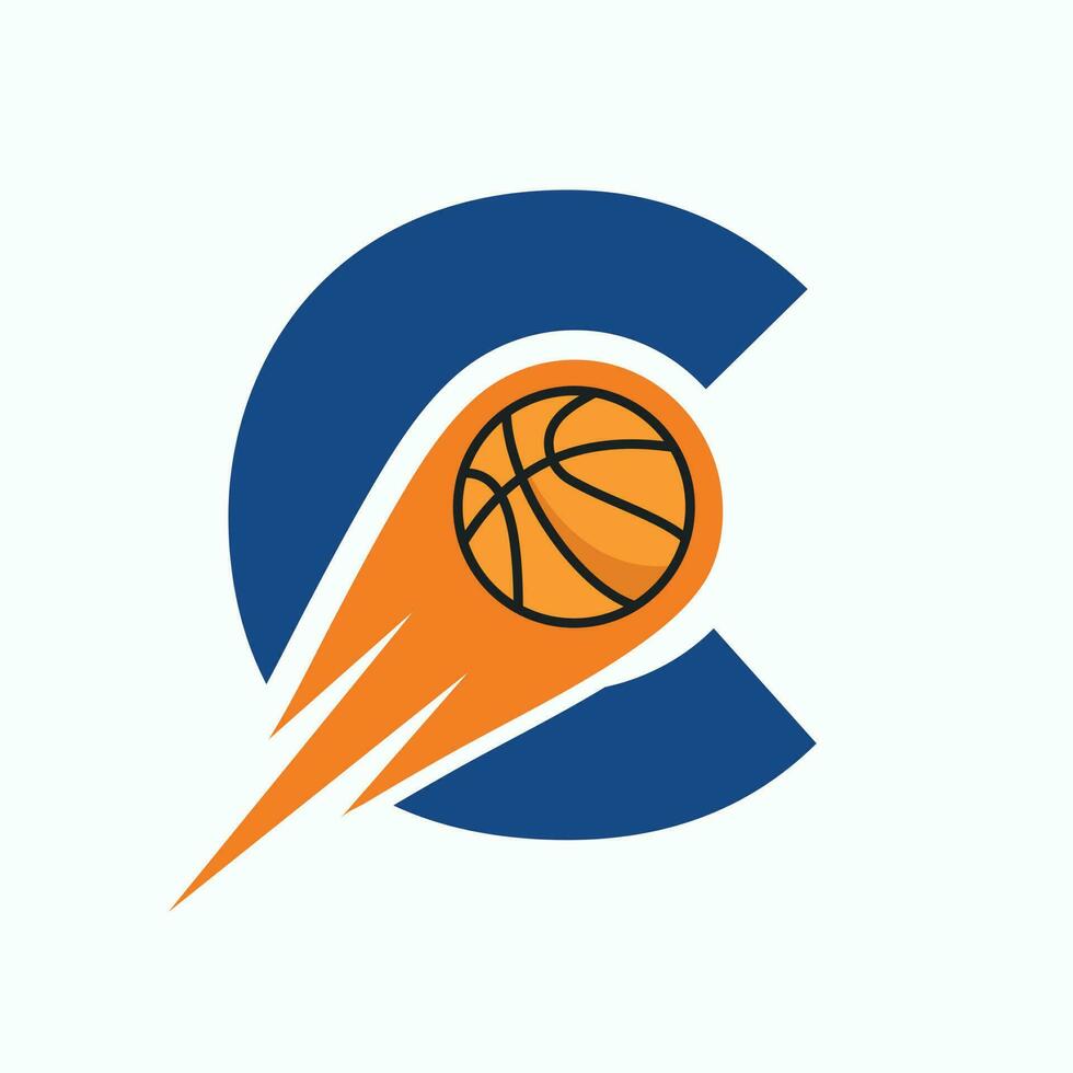 brief c basketbal logo concept met in beweging basketbal icoon. mand bal logotype symbool vector