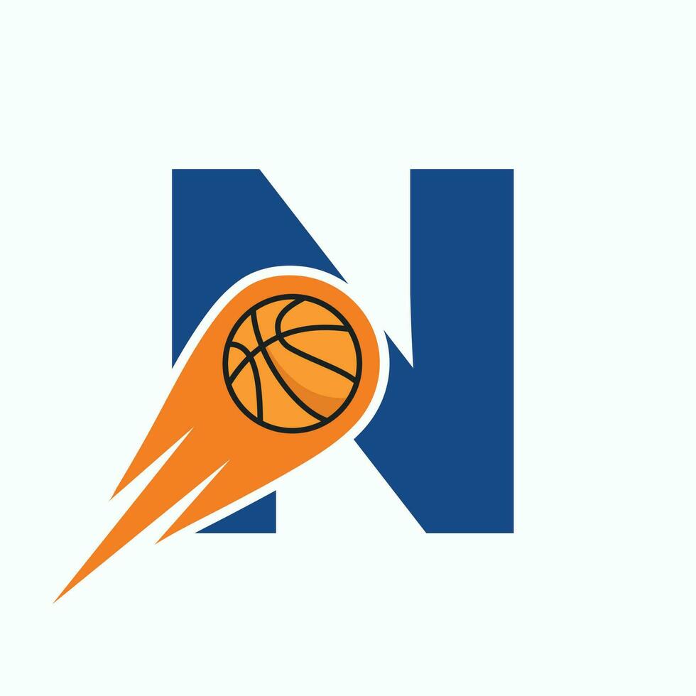 brief n basketbal logo concept met in beweging basketbal icoon. mand bal logotype symbool vector