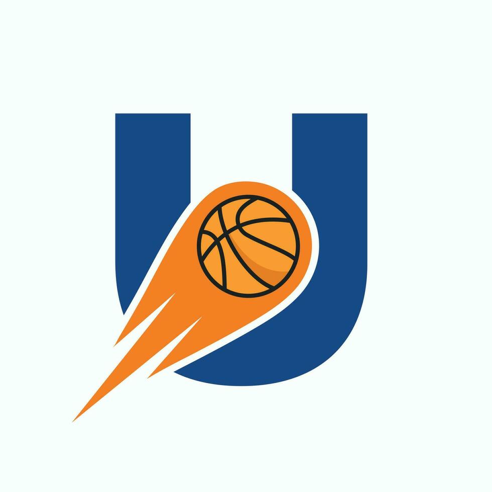 brief u basketbal logo concept met in beweging basketbal icoon. mand bal logotype symbool vector