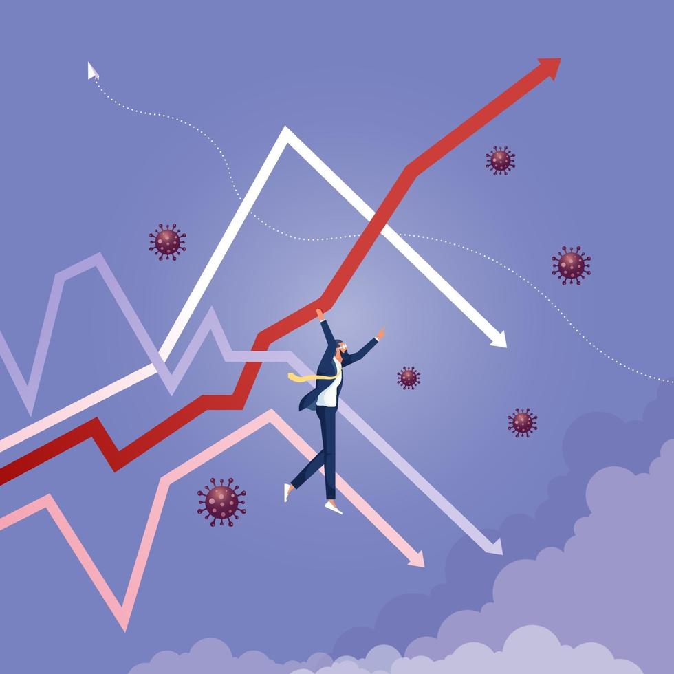 economie en financiën groei concept. zakenman opknoping op pijlen vector