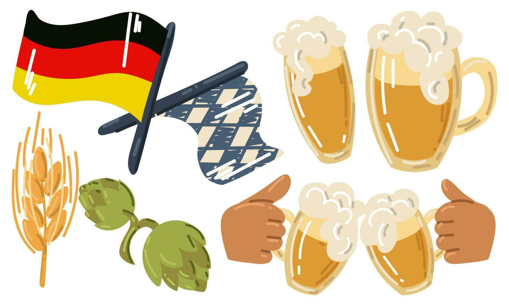 mini reeks voor oktoberfeest - bril van bier, vlaggen van Duitsland en Beieren, een glas van bier, mensen met bier zijn geslagen, hop, korrel. vlak vector illustratie voor een vakantie