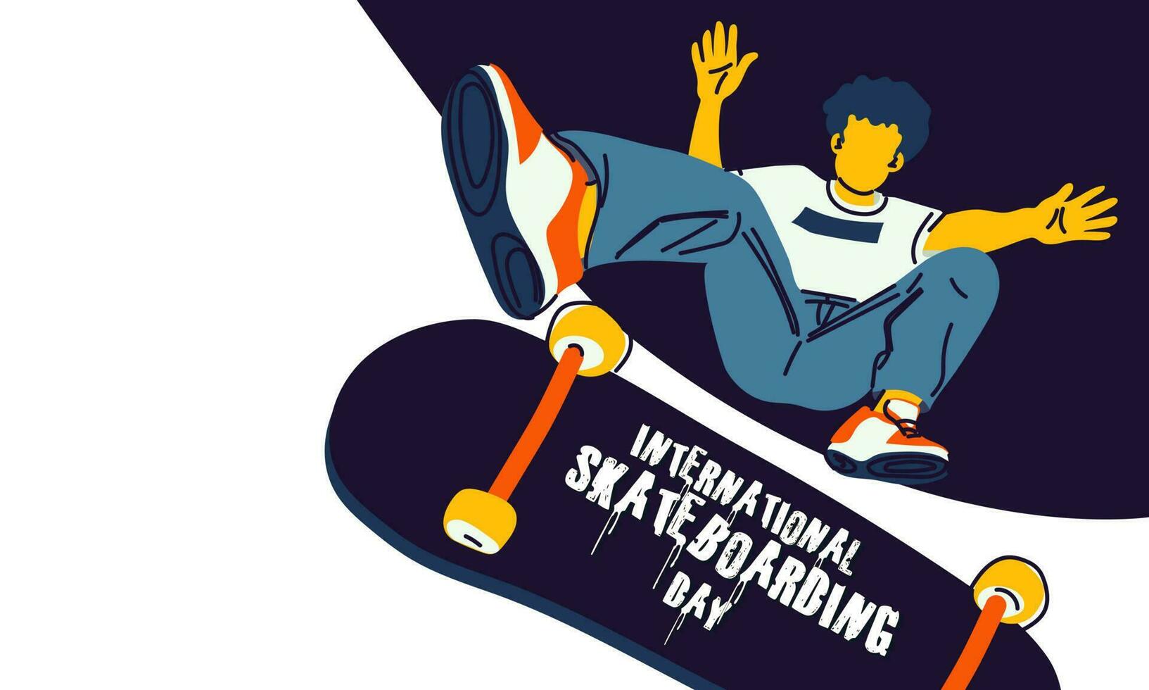 poster Internationale skateboarden dag. een vent met een skateboard presteert een springen Aan een blauw en wit achtergrond. skateboard trucs, het schaatsen, springen. banier met helder mensen voor de vakantie Aan juni vector