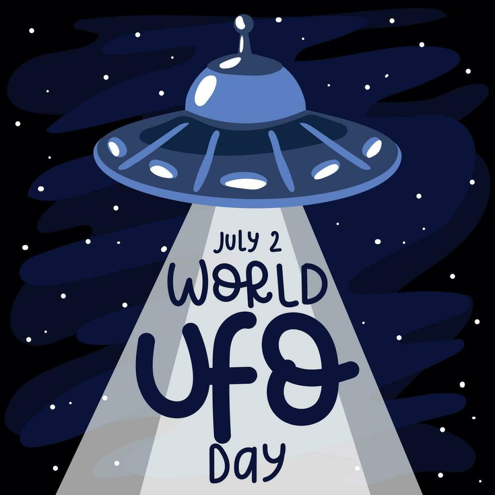 banier voor wereld ufo dag, gevierd Aan juli 2. een tekenfilm bord van buitenaardse wezens met een straal van licht verlicht de opschrift in eer van de vakantie. het drukken ansichtkaarten, flyers, banners voor de vakantie vector