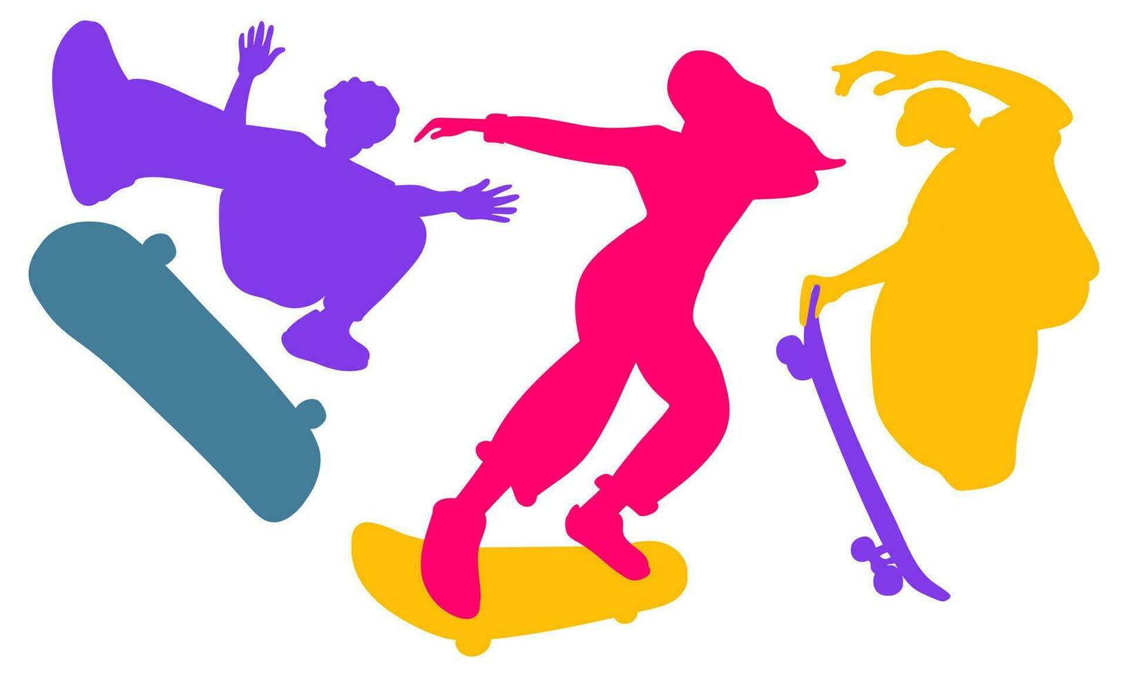 een reeks van helder silhouetten van mensen Aan skateboards. kleurrijk vector illustratie Aan een wit achtergrond. extreem, trucs, helder kleur. helder jeugd verzameling van sport- silhouetten. sappig palet