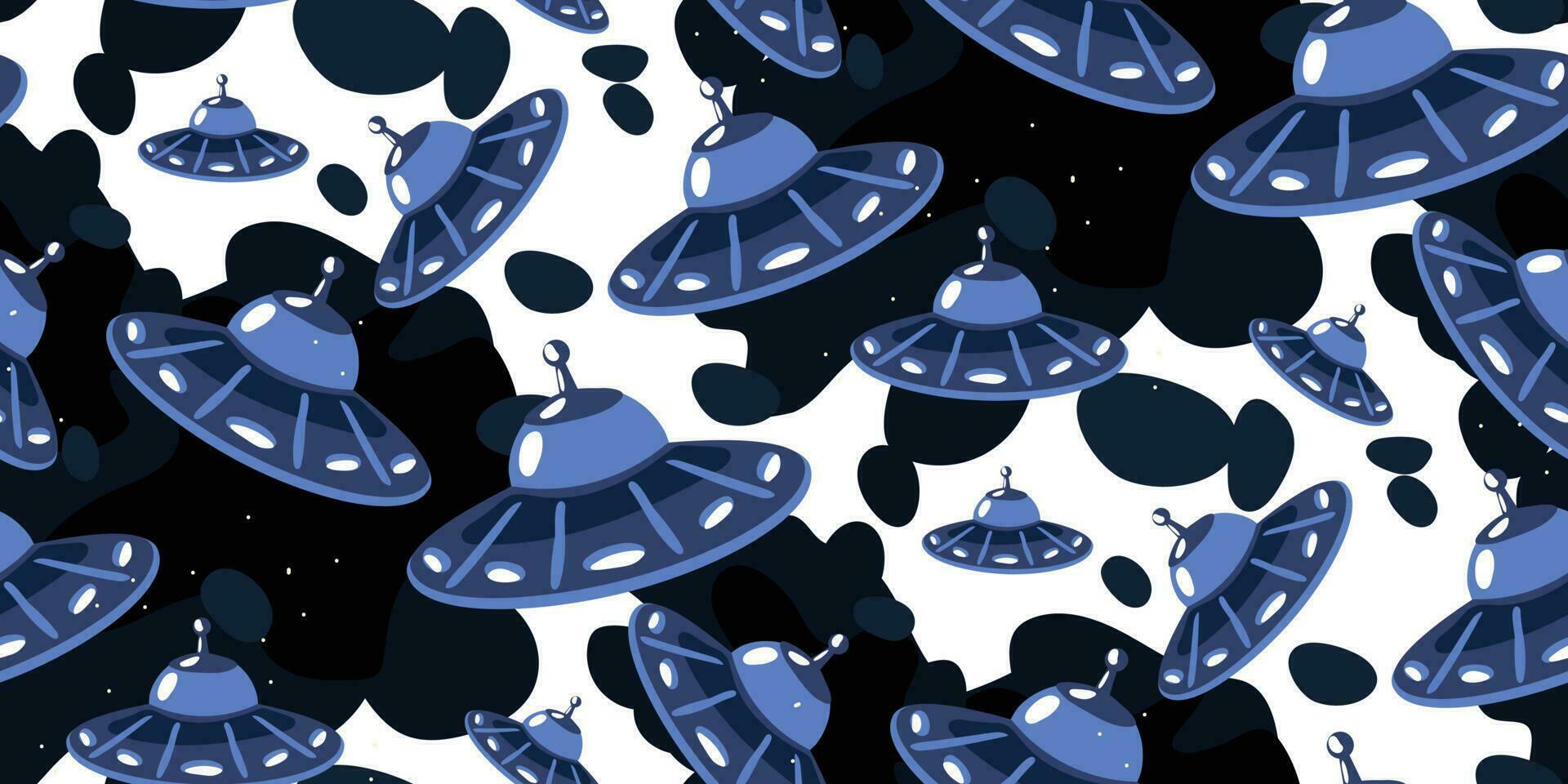 naadloos patroon met een ufo ruimte bord in blauw abstract ruimte. vector illustratie in een minimalistisch vlak stijl, hand getekend. schattig afdrukken voor textiel, het drukken ontwerp, ansichtkaarten. tekenfilm kinderen