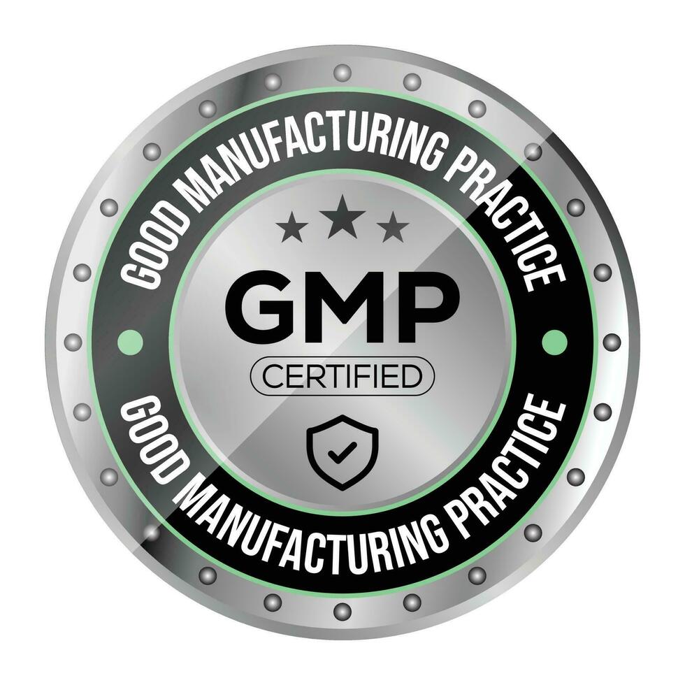 glanzend gmp gecertificeerd of mooi zo fabricage praktijk gecertificeerd insigne, stempel, icoon, zegel, label, label, embleem voor cbd etiket olie en verpakking ontwerp vector illustratie