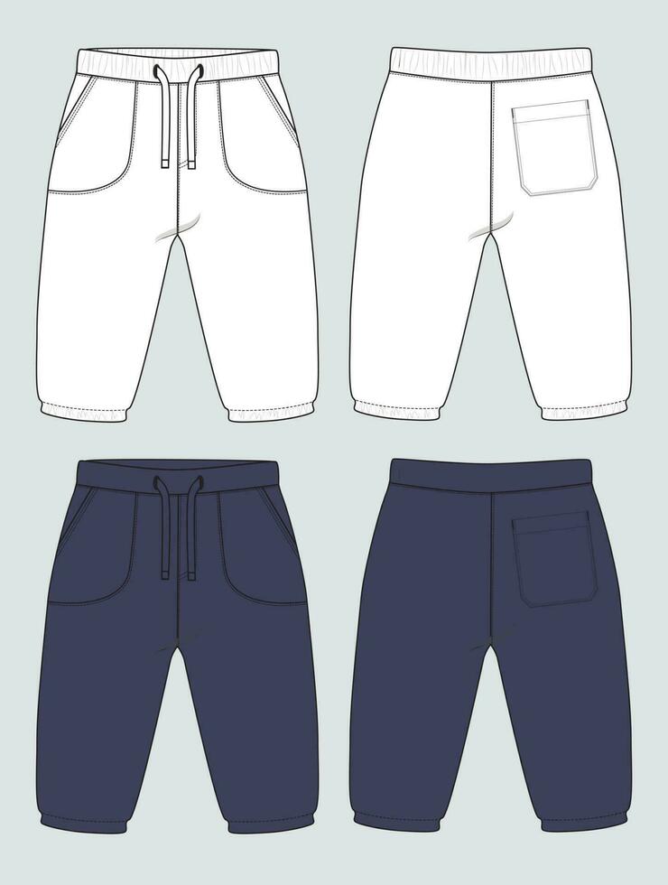 fleece katoen Jersey eenvoudig zweet hijgen technisch tekening mode vlak schetsen sjabloon voorkant en terug keer bekeken. kleding jogger broek vector illustratie wit en marine kleur bespotten omhoog voor kinderen en jongens.