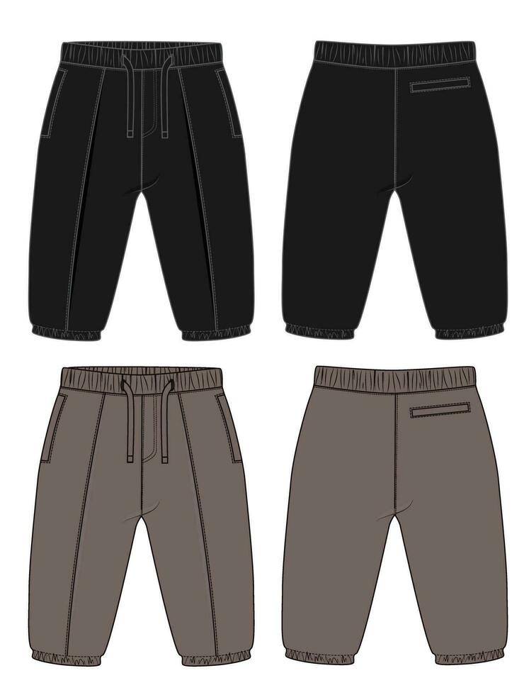 fleece katoen Jersey eenvoudig zweet hijgen technisch tekening mode vlak schetsen sjabloon voorkant en terug keer bekeken. kleding jogger broek vector illustratie zwart en khaki kleur bespotten omhoog voor kinderen en jongens.