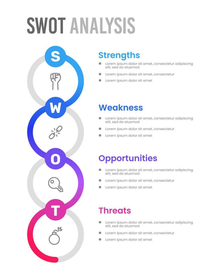 infographic ontwerp sjabloon. SWOT-analyse concept sjabloon. sterke punten, zwakke punten, mogelijkheden, gevaren. vector illustratie.