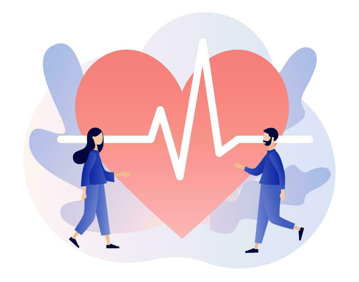 cardiologie behandeling en controle. hart Gezondheid en ziekte. groot hart met pulse tarief. medisch concept. modern vlak tekenfilm stijl. vector illustratie Aan wit achtergrond